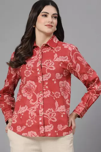 Red floral printed shirt with spread collar & button placket