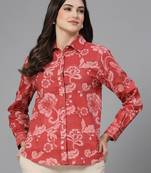Red floral printed shirt with spread collar & button placket