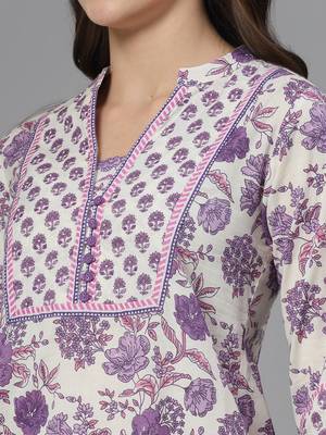 Lavender floral printed straight top with mandarin collar & yoke 2