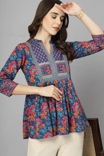 Blue floral print mandarin collar cotton top with a-line design & 3/4 sleeves