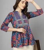 Blue floral print mandarin collar cotton top with a-line design & 3/4 sleeves