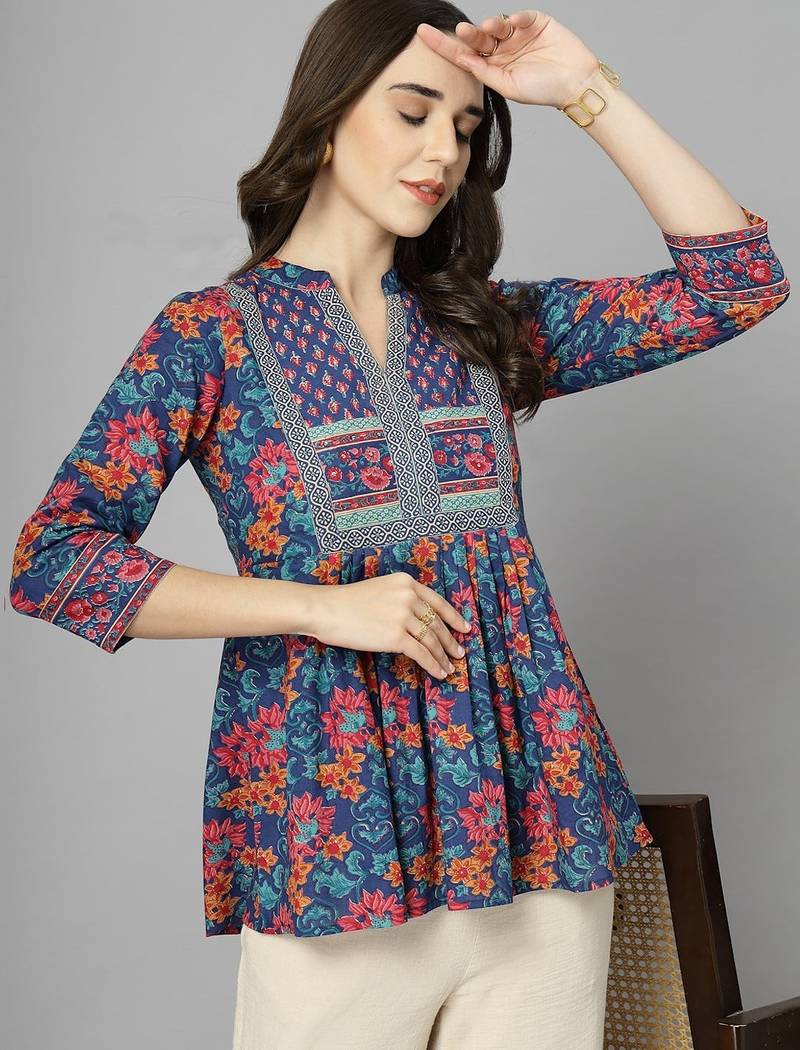 Blue floral print mandarin collar cotton top with a-line design & 3/4 sleeves