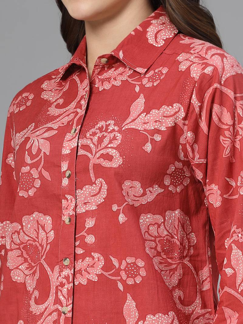 Red floral printed shirt with spread collar & button placket