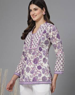 Lavender floral printed straight top with mandarin collar & yoke 3