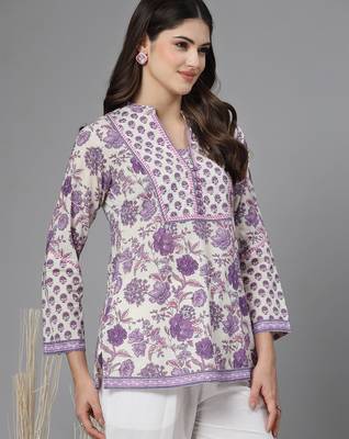Lavender floral printed straight top with mandarin collar & yoke 4