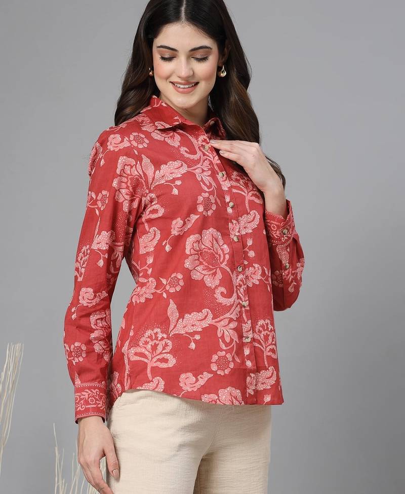 Red floral printed shirt with spread collar & button placket