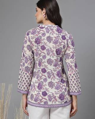 Lavender floral printed straight top with mandarin collar & yoke 5