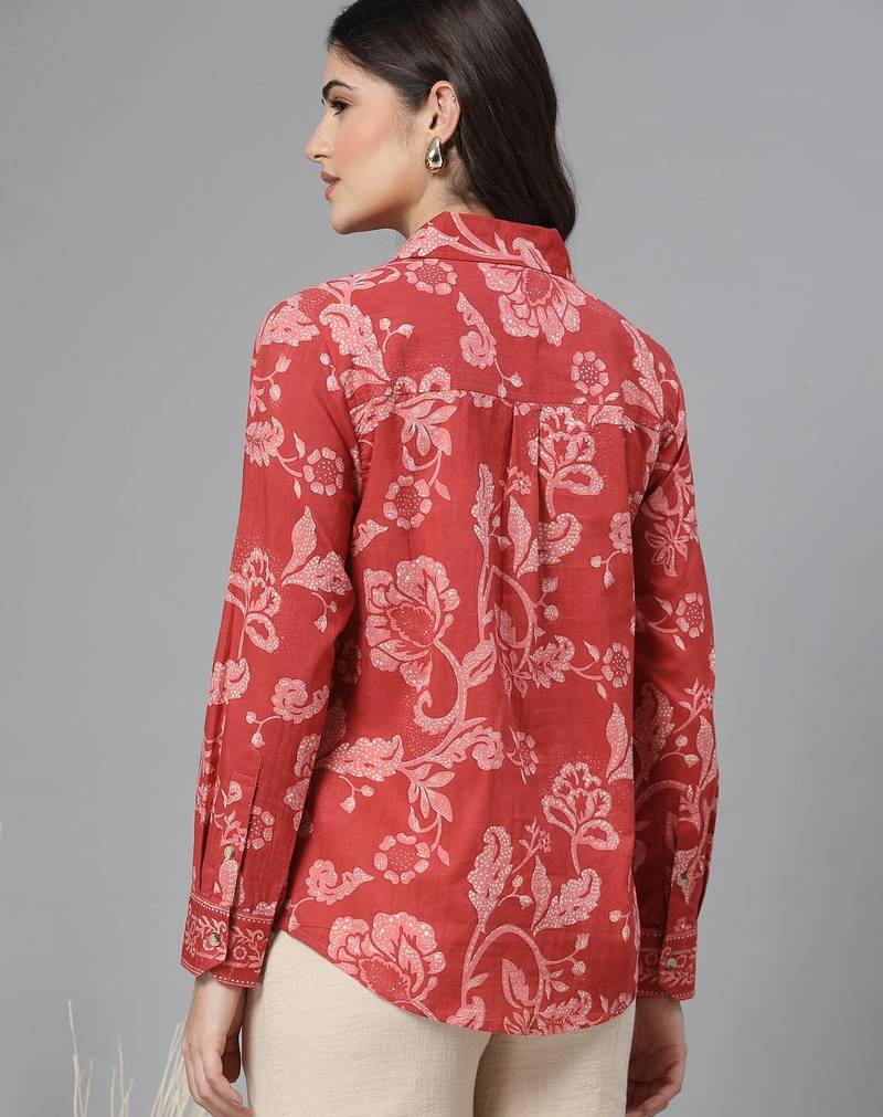 Red floral printed shirt with spread collar & button placket