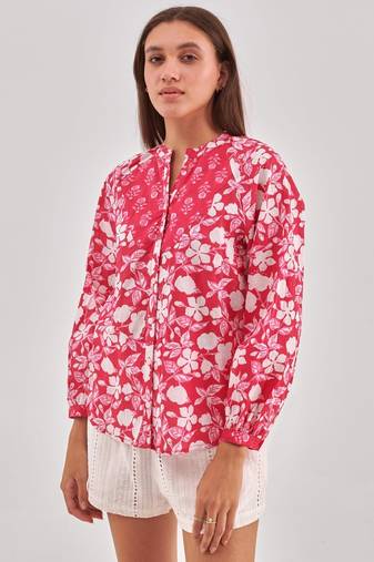 Magenta printed shirt style top with button closure & long sleeves