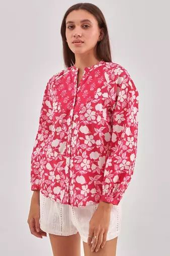 Magenta printed shirt style top with button closure & long sleeves