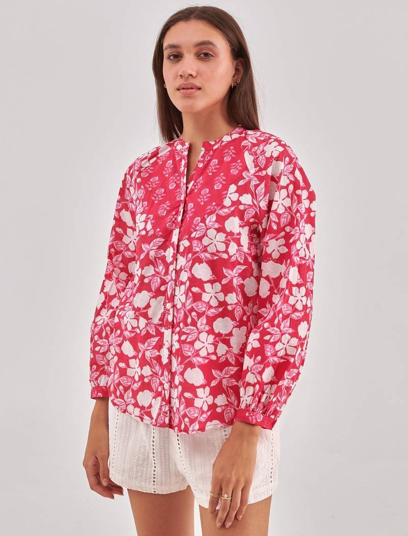 Magenta printed shirt style top with button closure & long sleeves