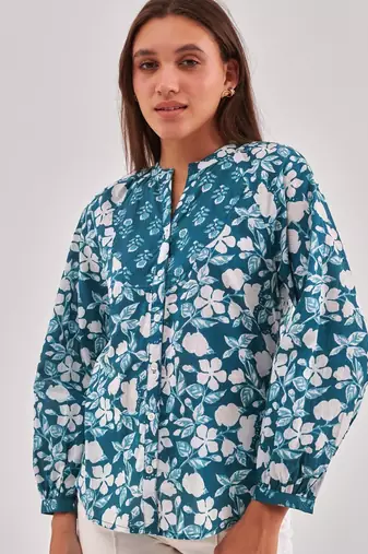 Midnight green printed shirt style top with button closure & long sleeves