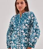 Midnight green printed shirt style top with button closure & long sleeves