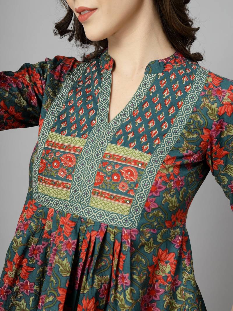 Green floral print mandarin collar cotton top with a-line design & 3/4 sleeves