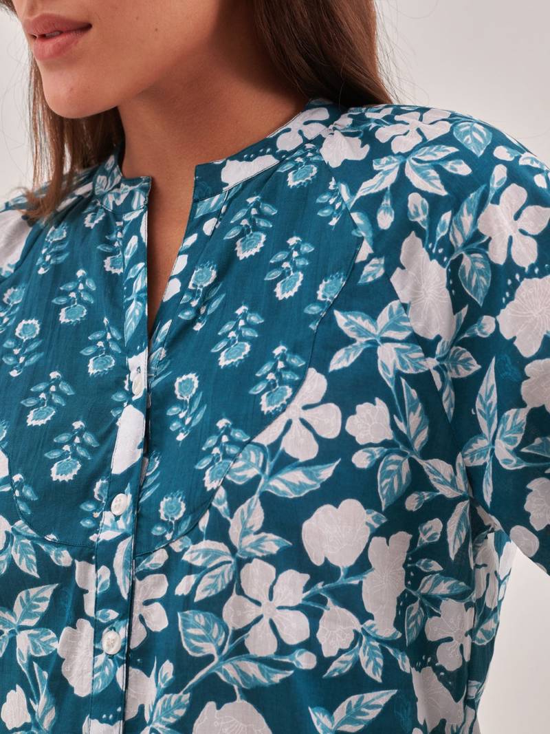 Midnight green printed shirt style top with button closure & long sleeves