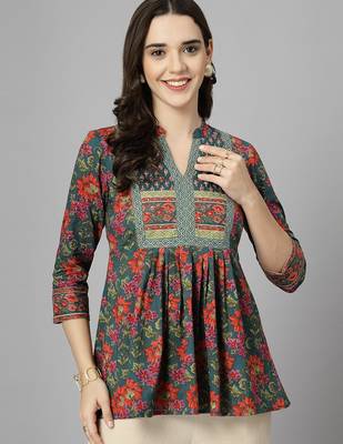 Green floral print mandarin collar cotton top with a-line design & 3/4 sleeves 3