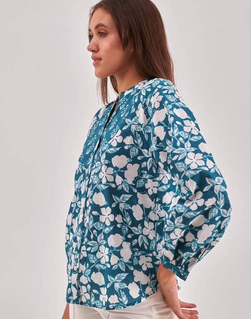 Midnight green printed shirt style top with button closure & long sleeves