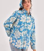 Blue floral printed shirt with spread collar & button placket