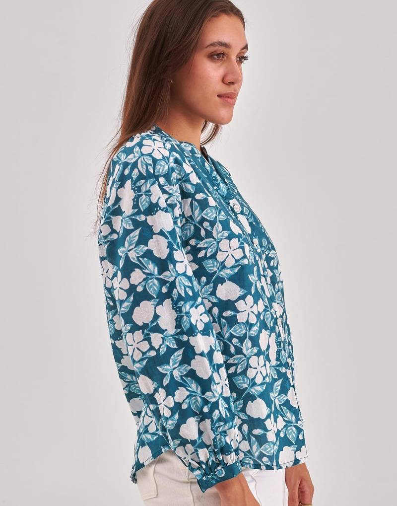 Midnight green printed shirt style top with button closure & long sleeves