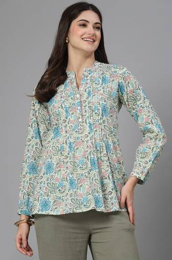 Blue and green printed top with mandarin collar, button placket & pintucks