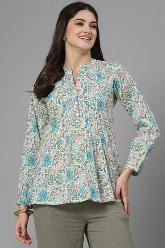 Blue and green printed top with mandarin collar, button placket & pintucks