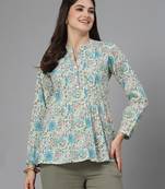 Blue and green printed top with mandarin collar, button placket & pintucks