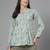 Blue and green printed top with mandarin collar, button placket & pintucks