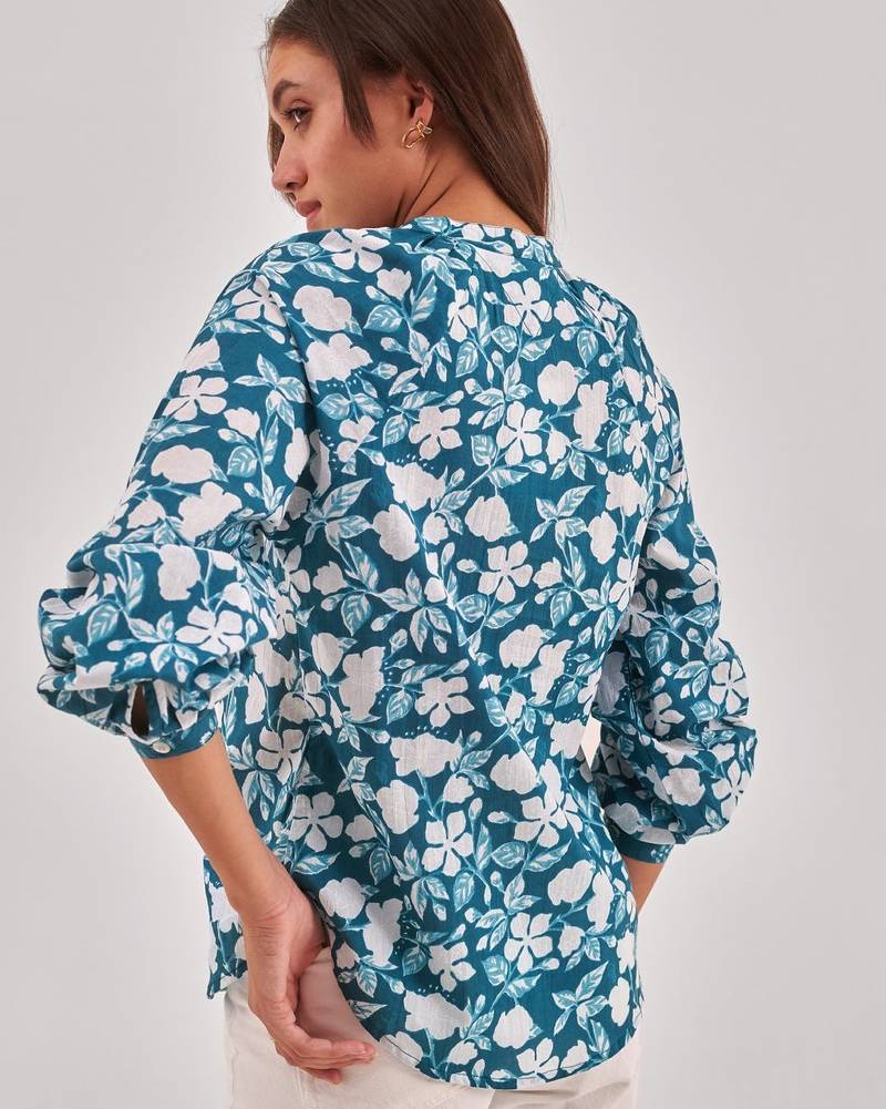 Midnight green printed shirt style top with button closure & long sleeves