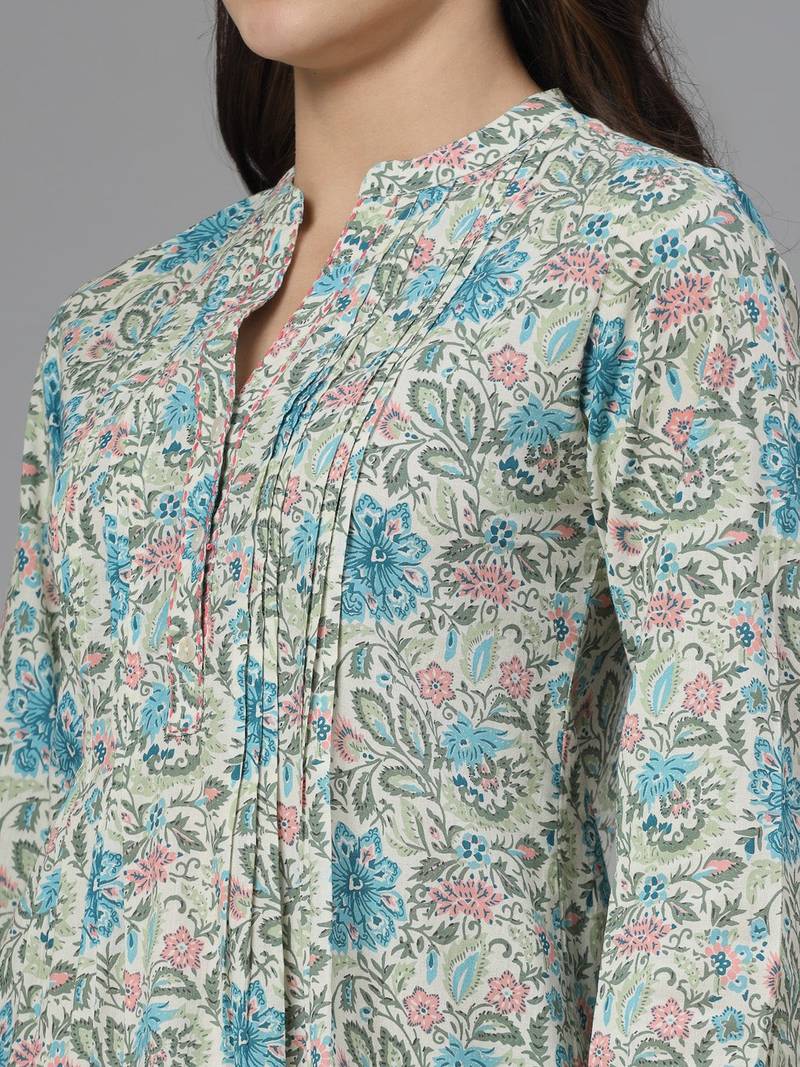Blue and green printed top with mandarin collar, button placket & pintucks