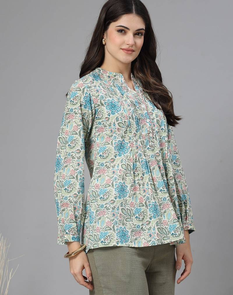 Blue and green printed top with mandarin collar, button placket & pintucks