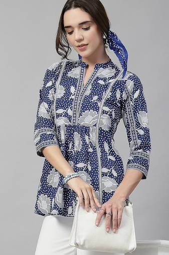 A-line midnight blue cotton printed top
