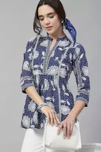 A-line midnight blue cotton printed top