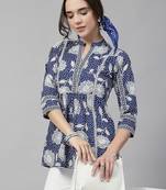 A-line midnight blue cotton printed top