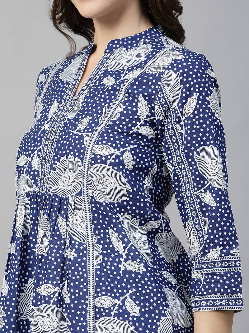 A-line midnight blue cotton printed top