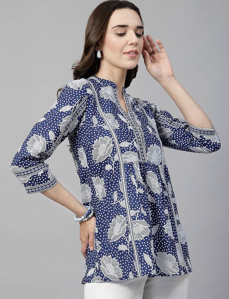 A-line midnight blue cotton printed top