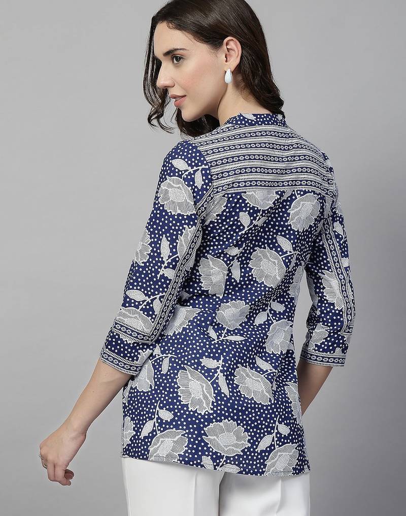 A-line midnight blue cotton printed top