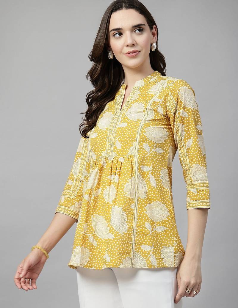 A-line butter yellow cotton printed top