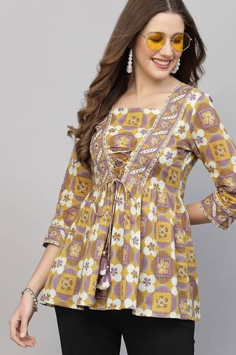 Mustard floral printed tie-up top