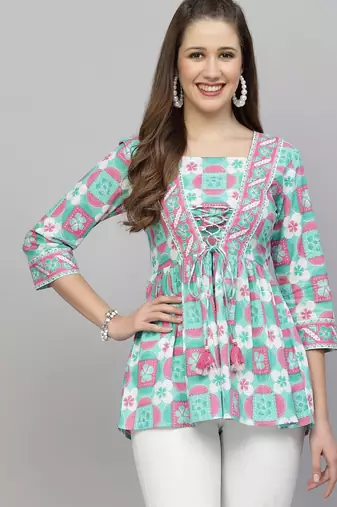 Sea green floral tie-up waist top