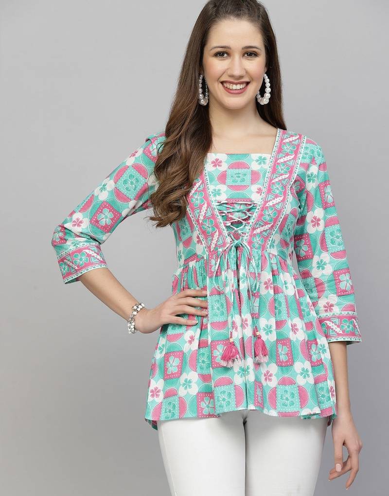 Sea green floral tie-up waist top