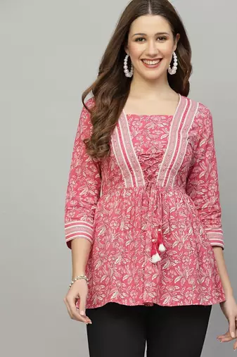 Pink floral printed tie-up top