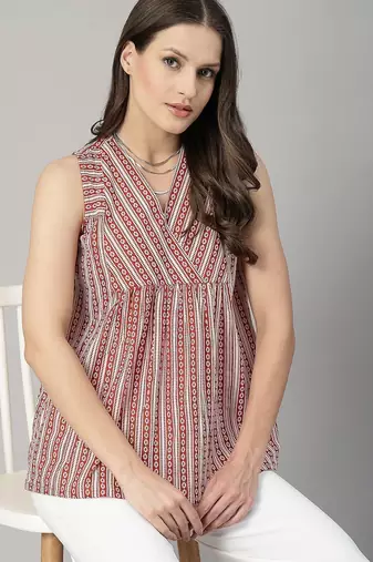Sleeveless brick red striped cotton top