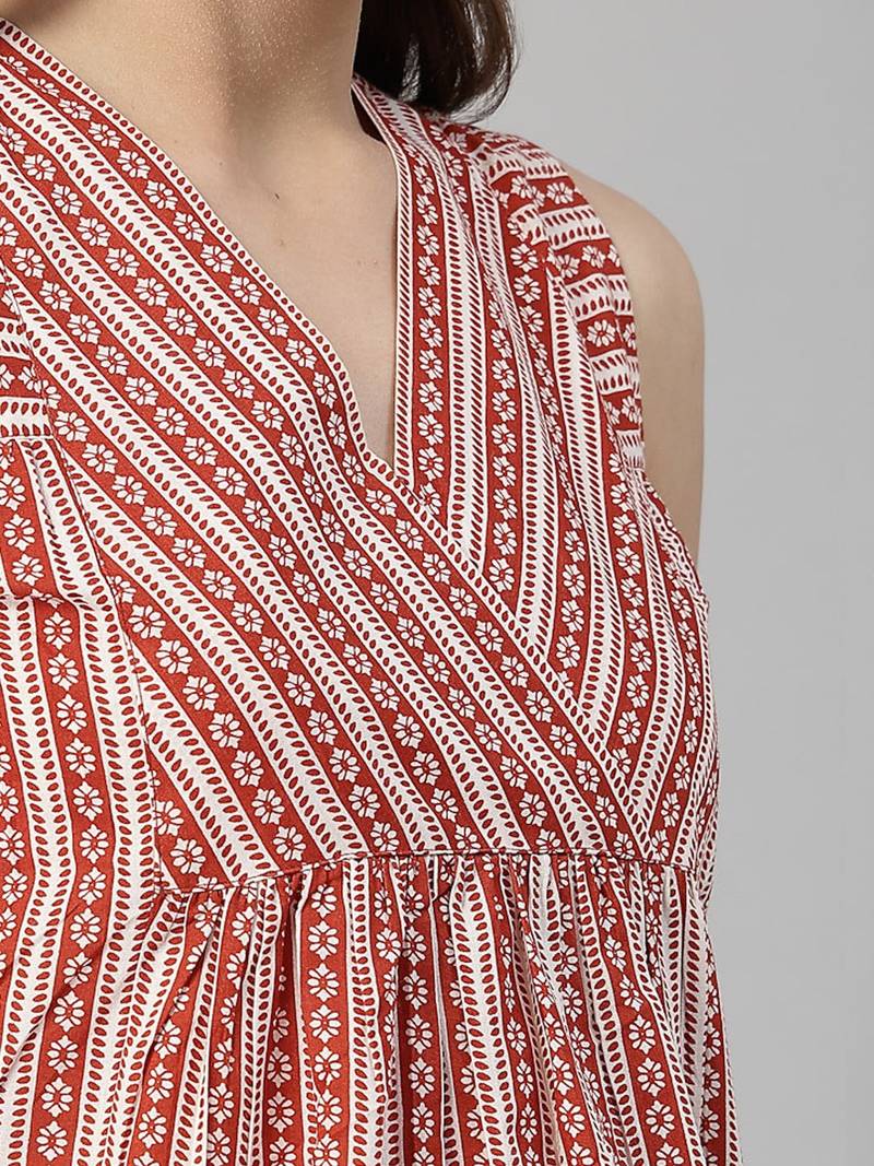 Sleeveless brick red striped cotton top