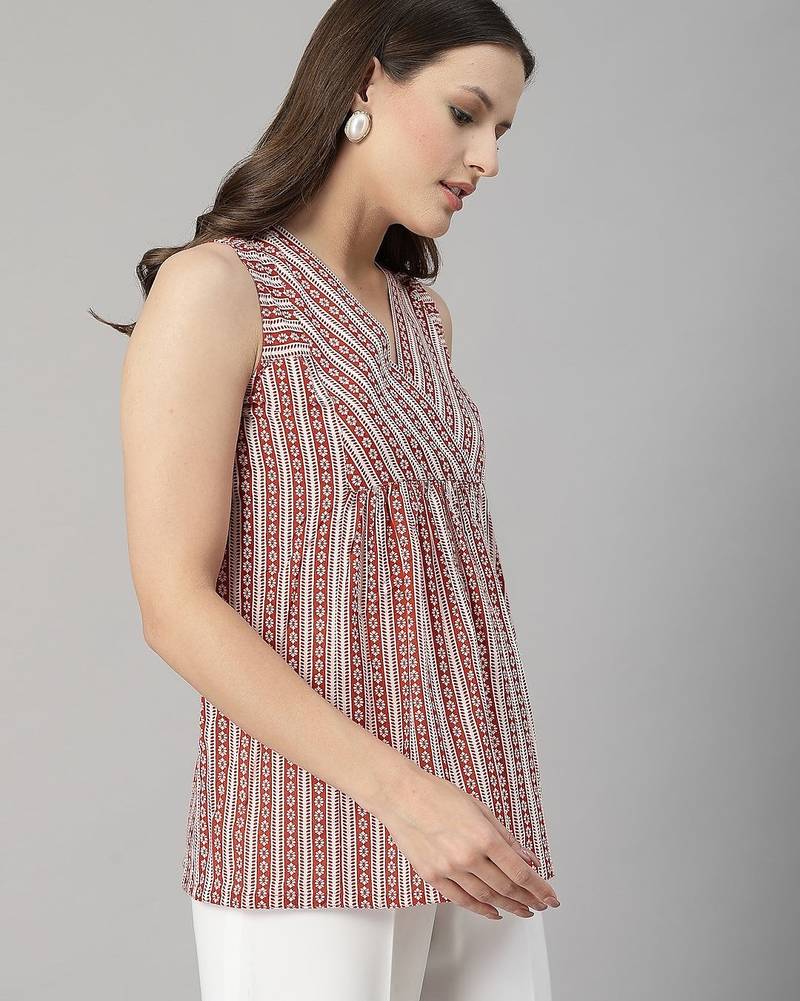 Sleeveless brick red striped cotton top