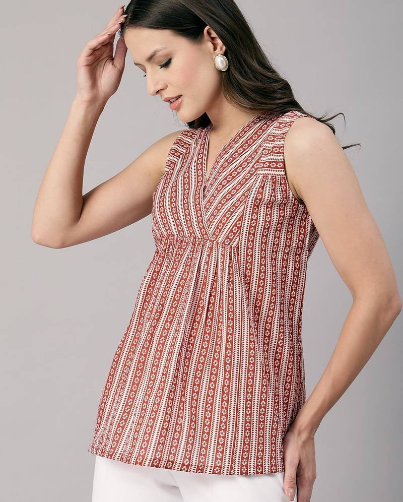 Sleeveless brick red striped cotton top