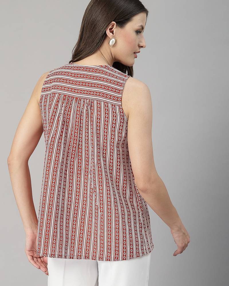 Sleeveless brick red striped cotton top