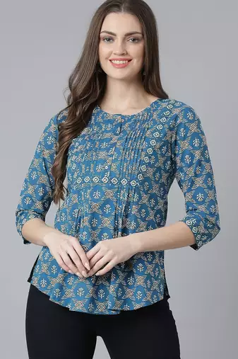 Teal printed pintuck top