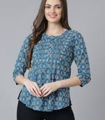 Teal printed pintuck top