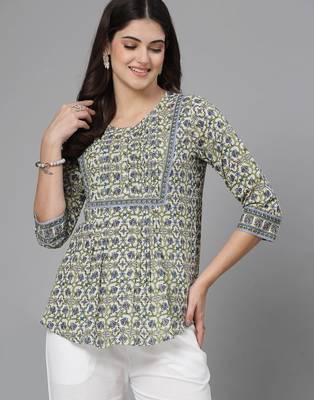 Tea green floral print pintucks top with round neck and button closure 1