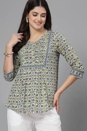 Tea green floral print pintucks top with round neck and button closure